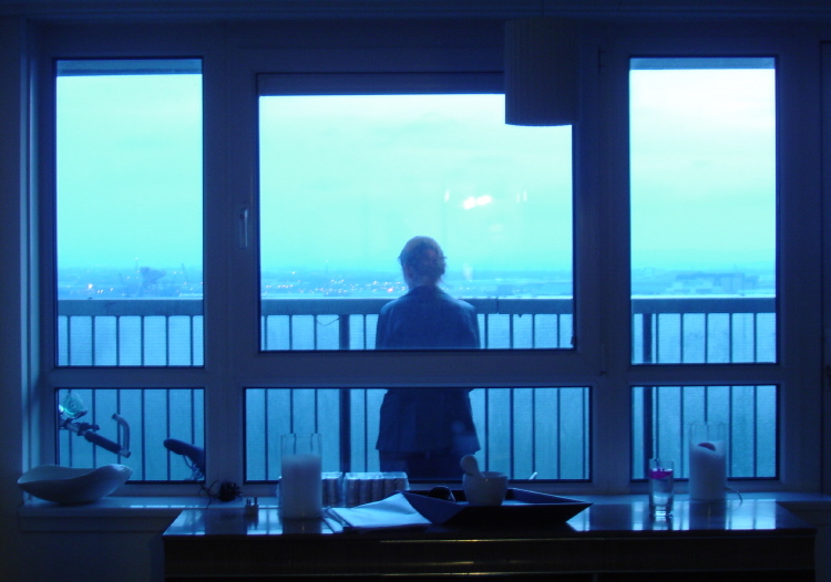 Home Hindrance - Clare Yuille on the balcony as Leah (photo: David Leddy)