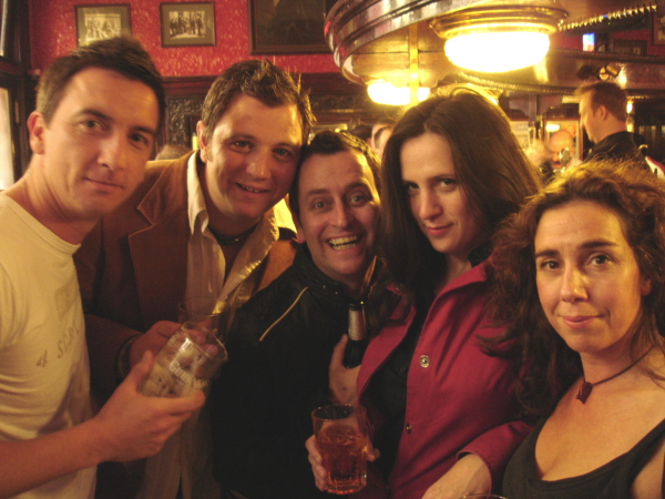 The last night out together, The Horseshow Bar. Left to right - Rory, Tommy, Eammon, Natasha, Joanna (played by Alan Sawers, Brian Conaghan, Paul Thomas Hickey, Louise Ludgate, Gowan Calder) 