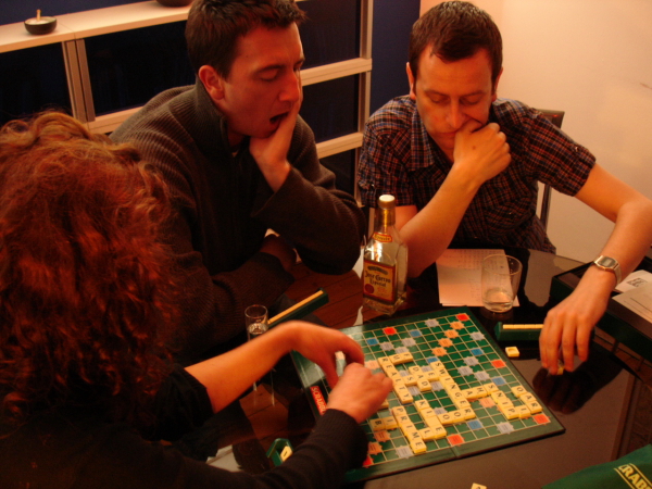 Joann, Rory and Eammon play Scrabble in the dining room (played by Gowan Calder, Alan Sawers and Paul Thomas Hickey) 